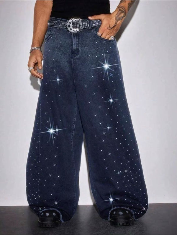 Pantalon jeans bleu coupe oversize avec motifs brillant