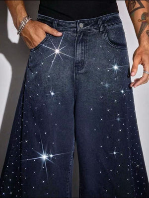 Pantalon jeans bleu coupe oversize avec motifs brillant